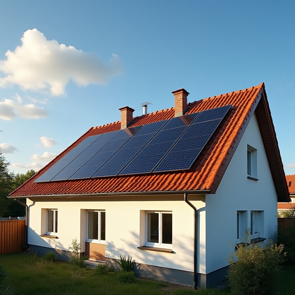 Photovoltaic panels installed on a Polish residential rooftop with blue sky
